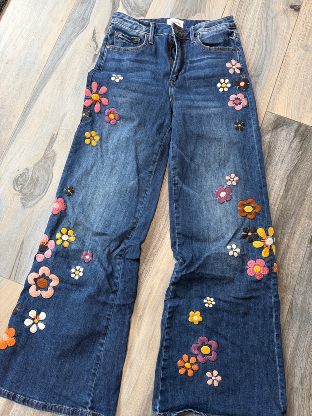 Driftwood Embroidered Floral Dark Blue Wide-Leg Jeans